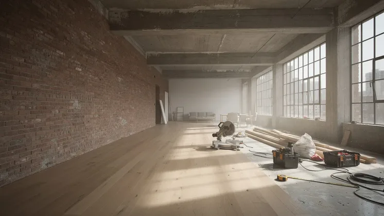 Interieur de loft en travaux avec poutres beton briques apparentes et parquet en cours de pose