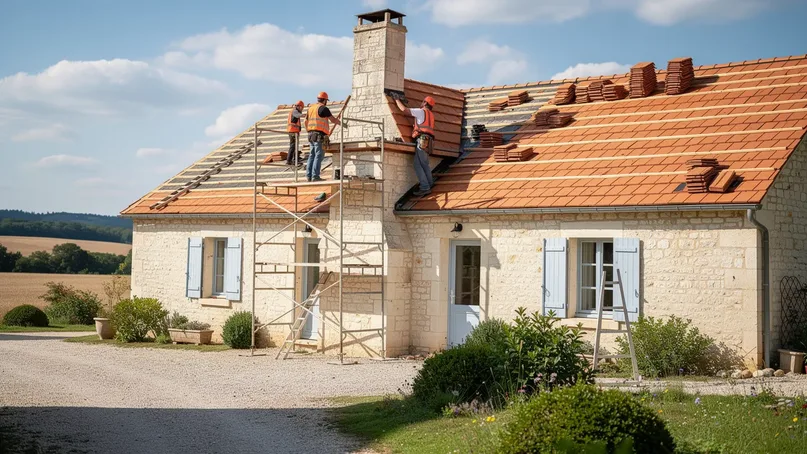 Maison rurale avec echafaudage et ouvriers posant des tuiles en terre cuite sur le toit