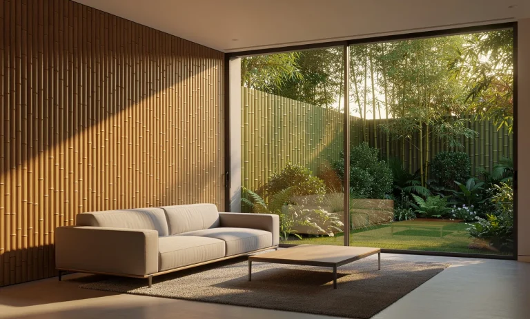 Un salon moderne avec un mur intérieur en panneaux de bambou et une clôture de bambou à l’extérieur, baigné par la lumière dorée d’un après-midi.
