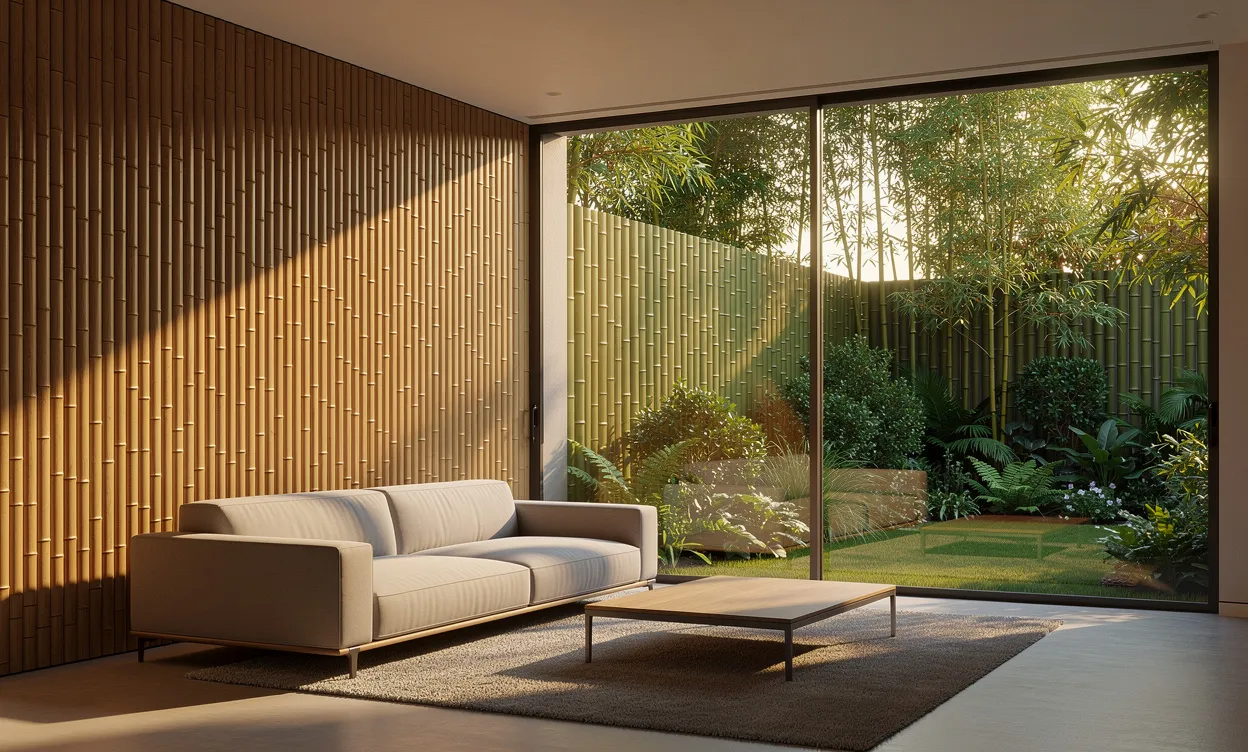 Un salon moderne avec un mur intérieur en panneaux de bambou et une clôture de bambou à l’extérieur, baigné par la lumière dorée d’un après-midi.