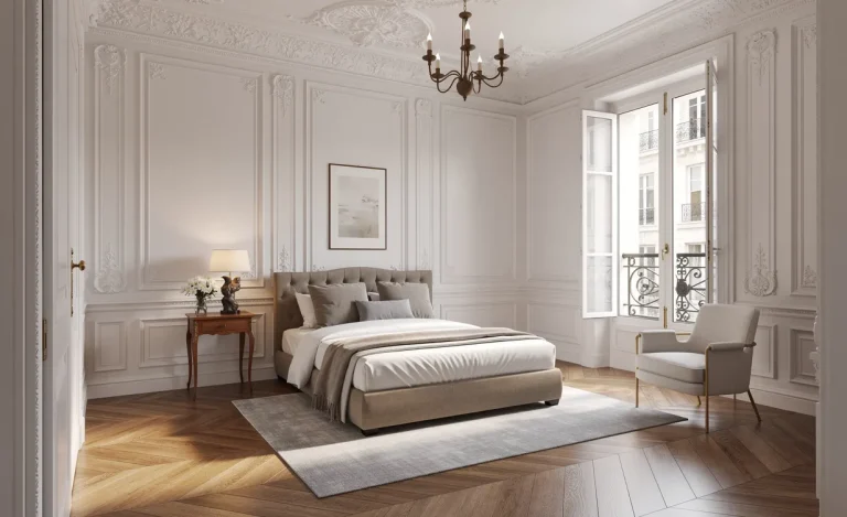 Chambre de style haussmannien avec parquet en chevrons, moulures décoratives et lumière du matin douce.