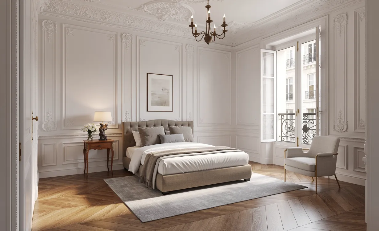 Chambre de style haussmannien avec parquet en chevrons, moulures décoratives et lumière du matin douce.
