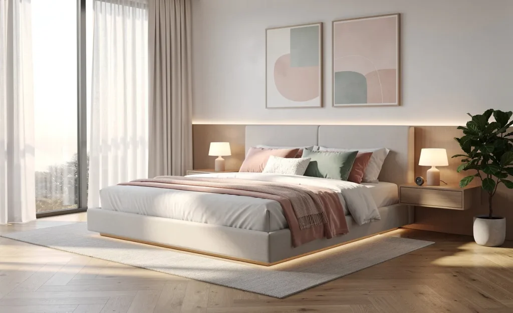 Une chambre moderne avec parquet clair, meubles minimalistes et lumière douce traversant des rideaux diaphanes.