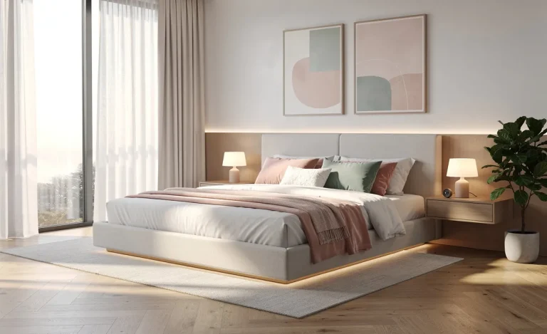 Une chambre moderne avec parquet clair, meubles minimalistes et lumière douce traversant des rideaux diaphanes.