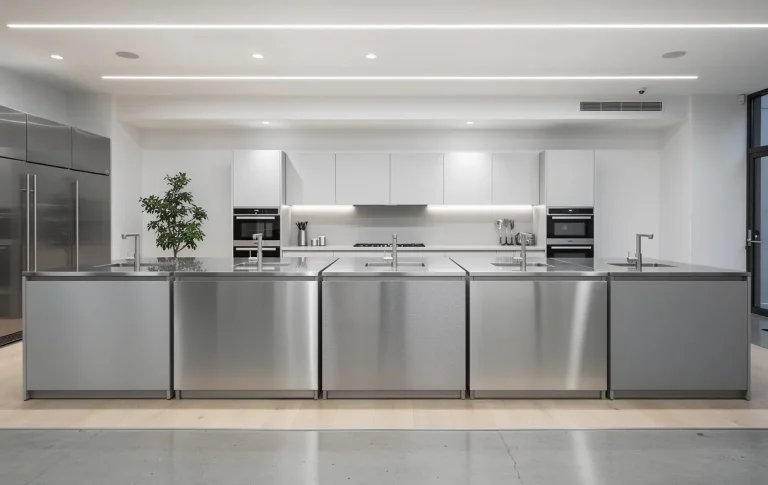 Cuisine moderne d’exposition avec plusieurs plans de travail en acier inoxydable aux finitions variées sous un éclairage vif.