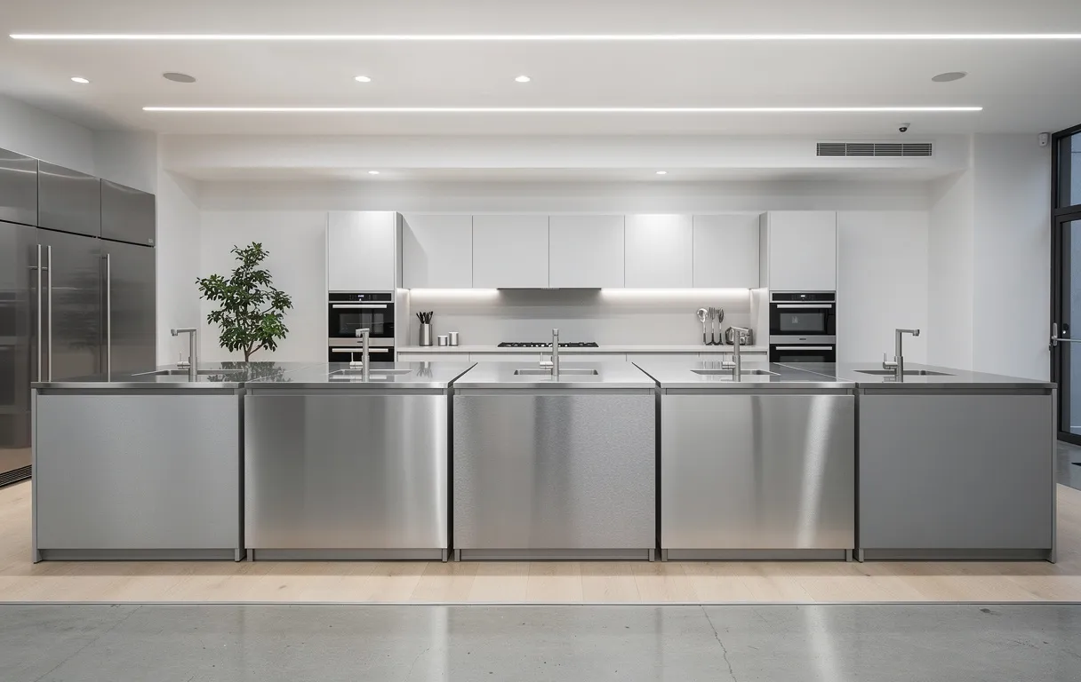 Cuisine moderne d’exposition avec plusieurs plans de travail en acier inoxydable aux finitions variées sous un éclairage vif.