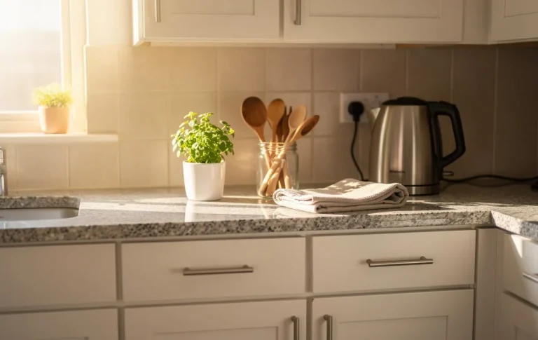 Une cuisine modeste avec un plan de travail en granit, des accessoires abordables et une lumière naturelle chaleureuse.
