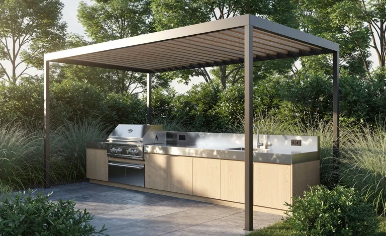 Cuisine extérieure élégante avec plan de travail en zinc sous une pergola moderne, entourée de verdure baignée de lumière naturelle.