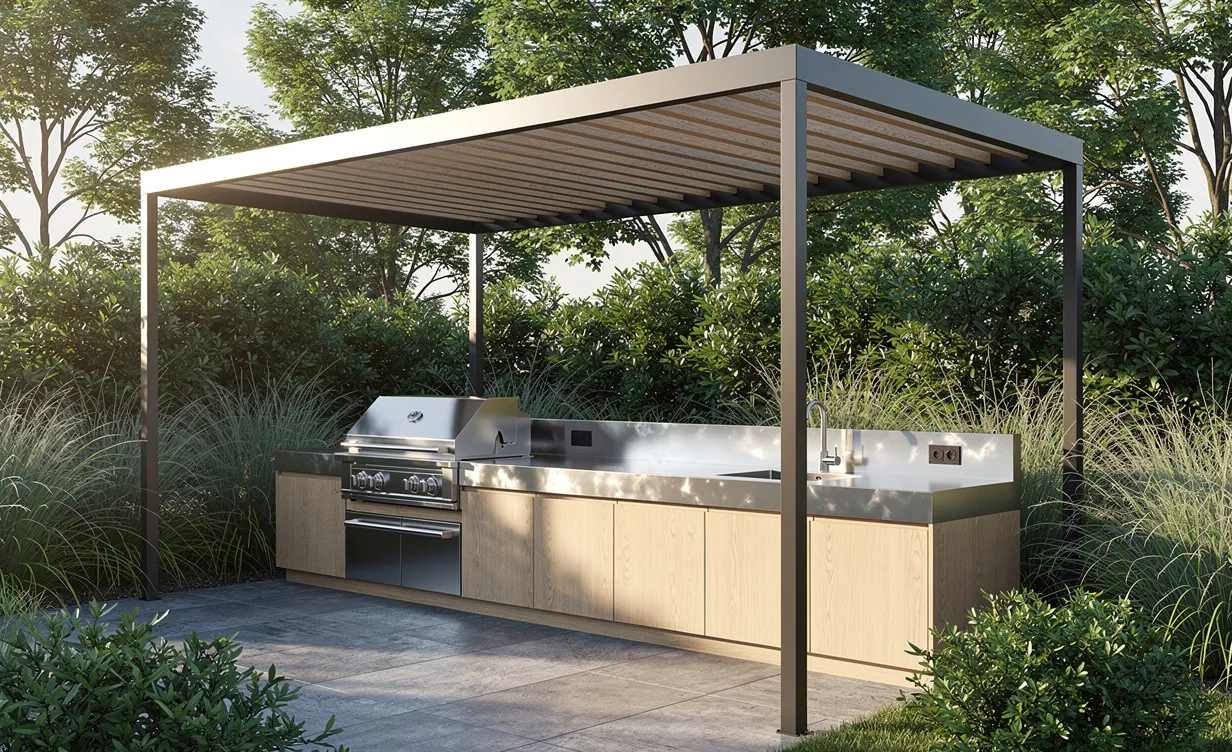 Cuisine extérieure élégante avec plan de travail en zinc sous une pergola moderne, entourée de verdure baignée de lumière naturelle.