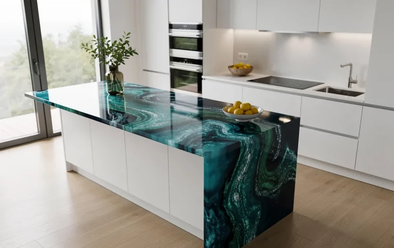 Cuisine moderne avec plan de travail en résine époxy aux motifs tourbillonnants et reflets irisés, éclairée par la lumière naturelle des grandes fenêtres.