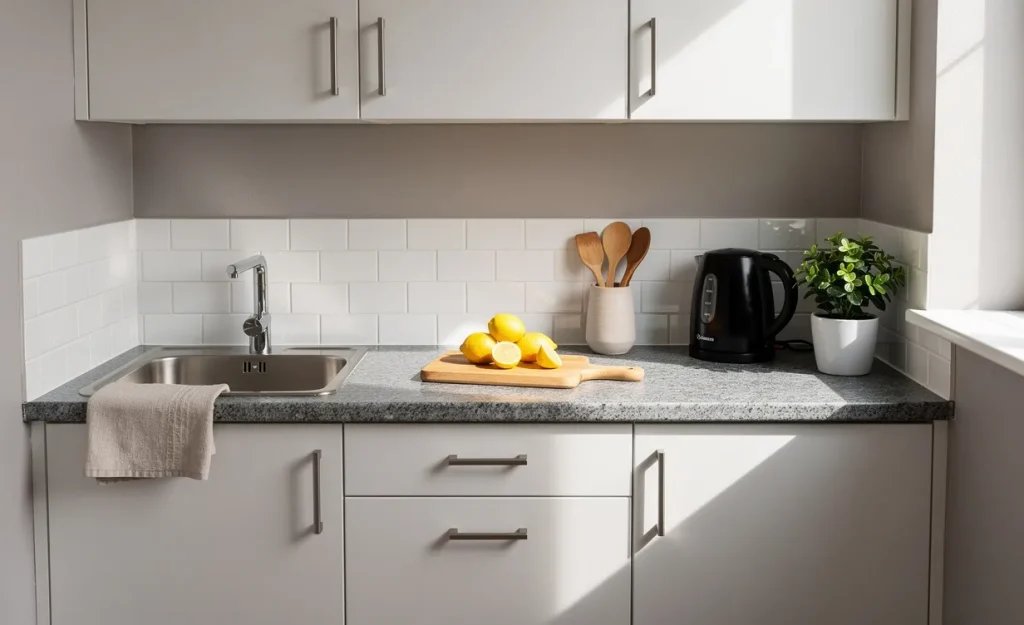 Cuisine moderne avec plan de travail en granit gris, accessoires discrets et lumière naturelle traversant une fenêtre.