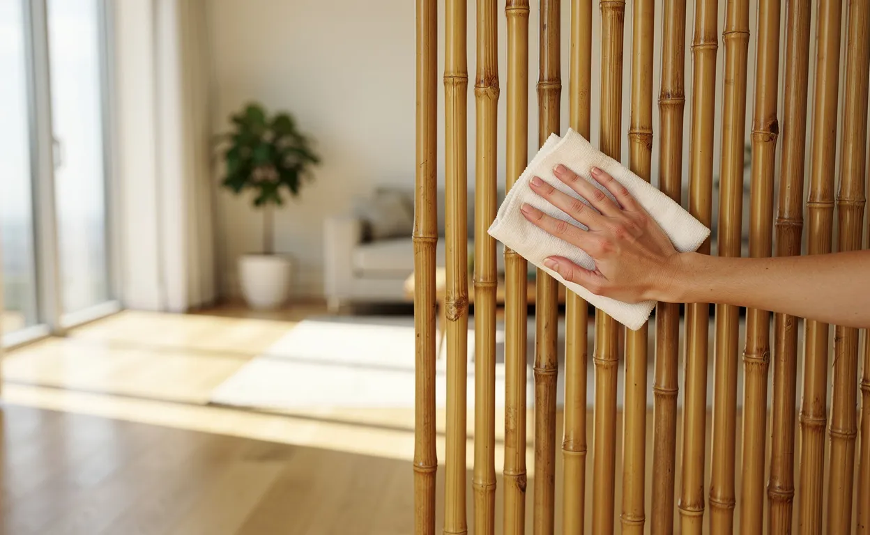 Une main nettoie une cloison en bambou dans un salon moderne baigné de lumière naturelle.
