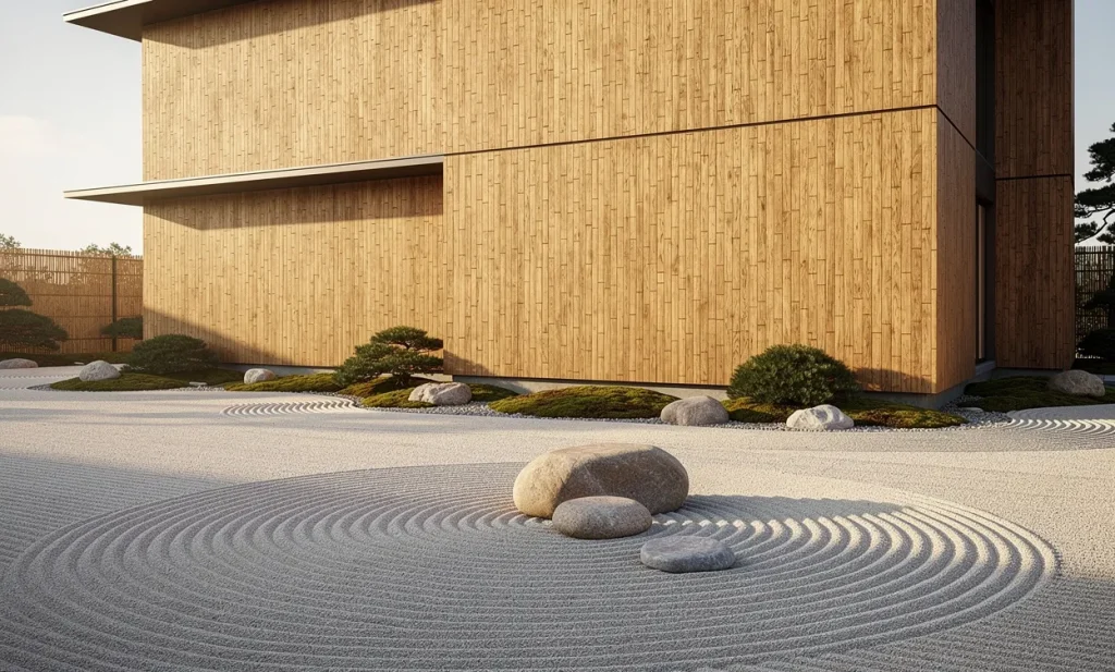 Façade moderne habillée de grands panneaux de bambou entourée d’un jardin zen minimaliste avec graviers ratissés et pierres lisses sous une lumière matinale douce.