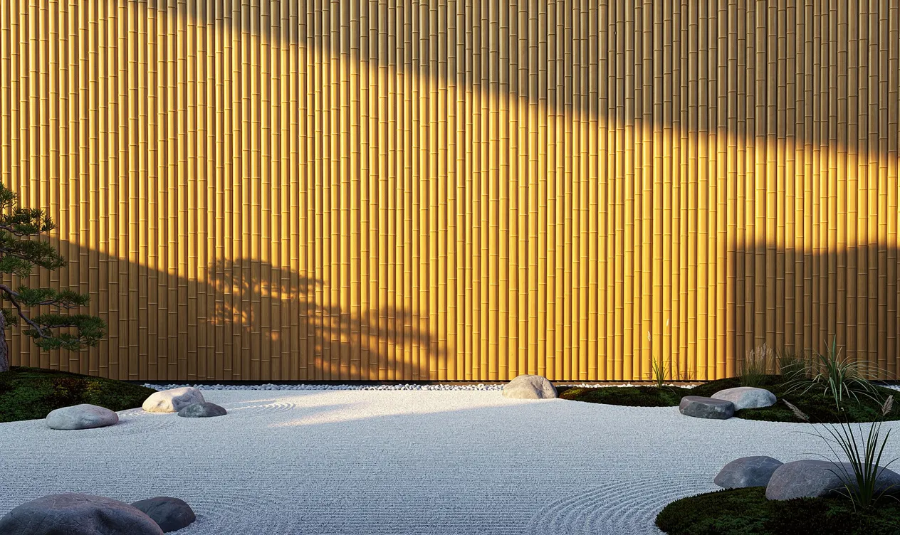 Façade en bambou naturel aux lignes verticales devant un jardin zen épuré avec pierres lisses et verdure discrète sous une lumière douce.