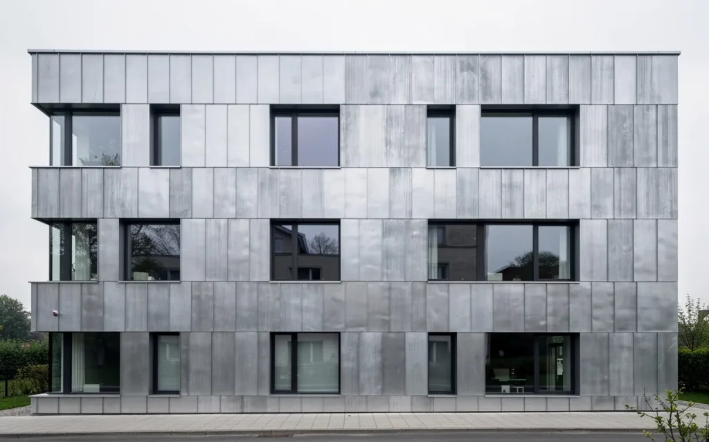 Façade d’un bâtiment moderne habillée de zinc naturel avec une patine gris argenté sous une lumière douce.