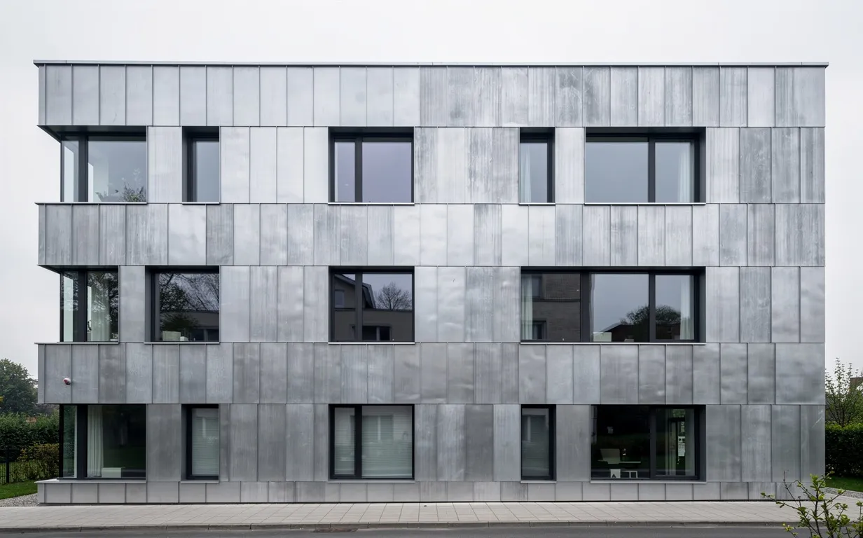 Façade d’un bâtiment moderne habillée de zinc naturel avec une patine gris argenté sous une lumière douce.