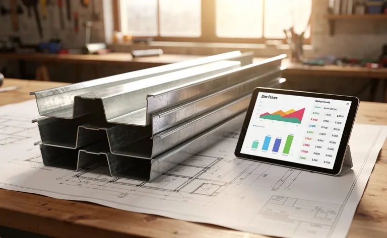 Des gouttières en zinc empilées reposent sur des plans de construction avec une tablette affichant des graphiques de prix, le tout éclairé par la lumière d’une fenêtre d’atelier.