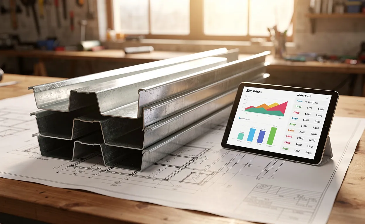 Des gouttières en zinc empilées reposent sur des plans de construction avec une tablette affichant des graphiques de prix, le tout éclairé par la lumière d’une fenêtre d’atelier.