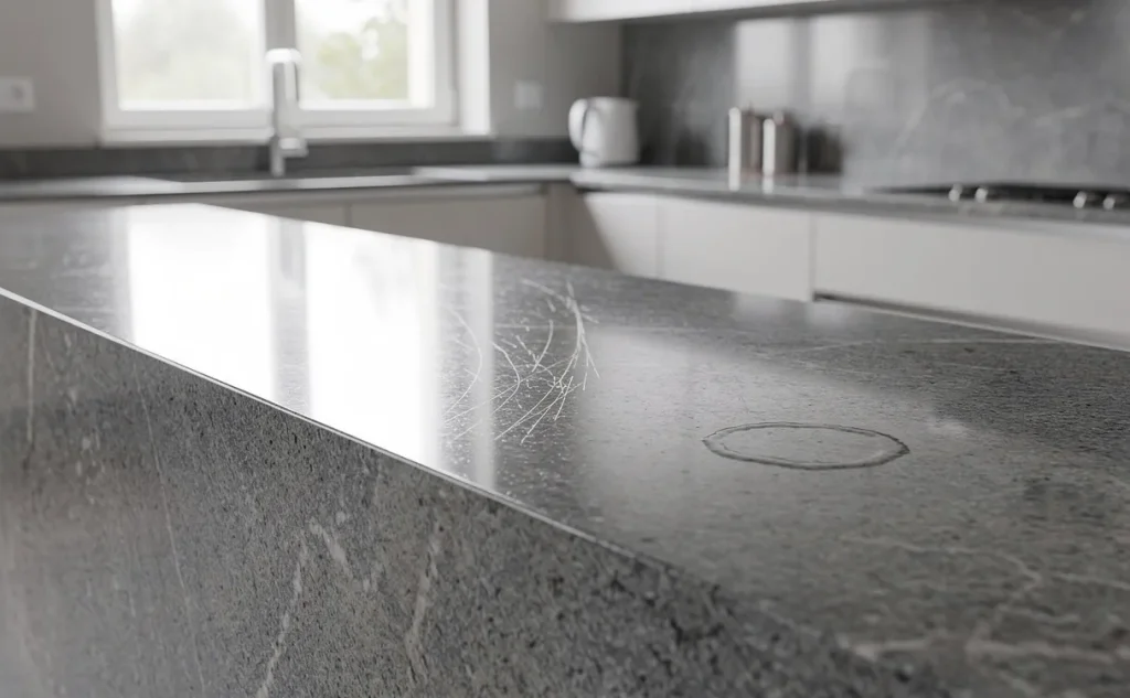 Cuisine moderne avec plan de travail en granit, éclairée par une lumière naturelle, montrant une partie brillante et une autre avec des éraflures et une trace d’eau.