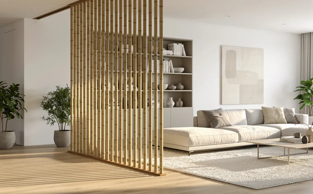 Salon moderne avec une cloison en bambou laissant filtrer une lumière naturelle douce et des ombres sur des teintes neutres.