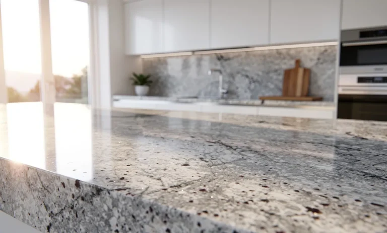 Cuisine moderne avec plan de travail en granit, illuminée par la lumière douce de l’après-midi.