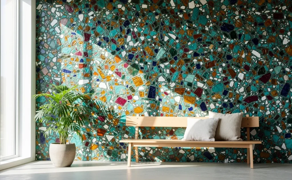Mur intérieur moderne orné d’une mosaïque colorée en fragments de verre et céramique recyclés sous un éclairage naturel.