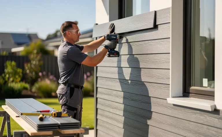 Une personne installe avec soin des lames de bardage en fibrociment gris sur la façade d’une maison moderne, sous la lumière du jour.