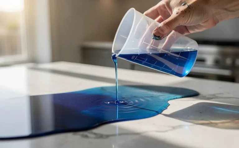 Une personne verse une résine époxy bleue sur un plan de travail de cuisine baigné de lumière naturelle.
