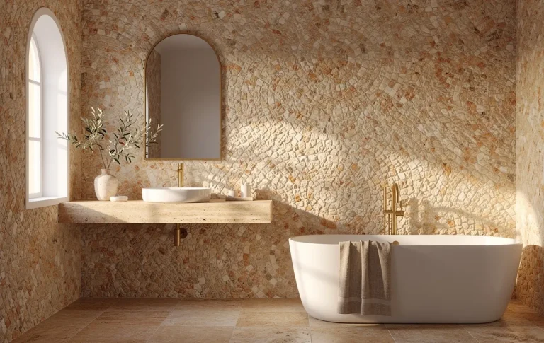 Salle de bain méditerranéenne avec mur en mosaïque de pierres naturelles, lumière douce traversant une fenêtre cintrée et tons terreux.