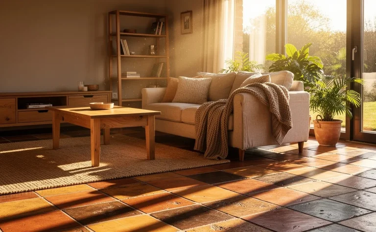 Salon éclairé par de la lumière dorée avec des carreaux au sol dans des tons terreux et des meubles en bois naturel.