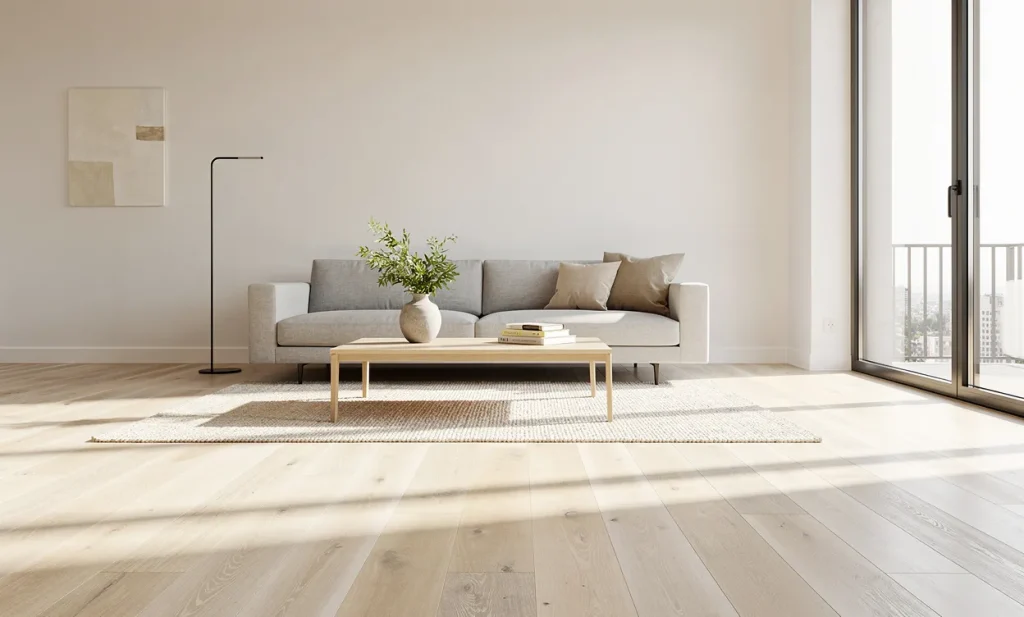 Salon lumineux aux sols en bois blanchi, baigné de soleil, avec une décoration minimaliste et des ombres douces.