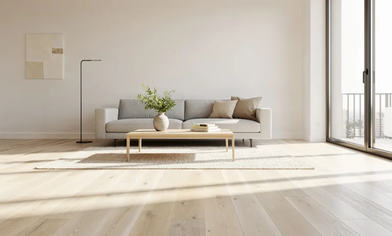Salon lumineux aux sols en bois blanchi, baigné de soleil, avec une décoration minimaliste et des ombres douces.
