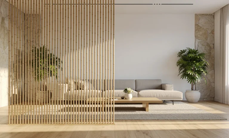 Salon moderne séparé par une cloison en bambou laissant passer une lumière naturelle et créant une ambiance épurée.