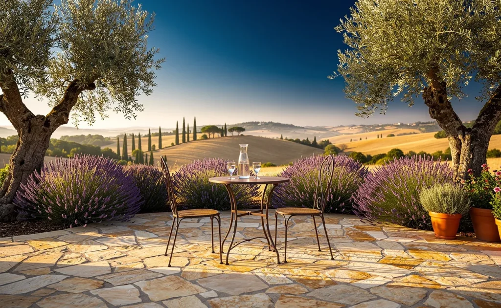 Terrasse provençale pavée de pierres naturelles, baignée de soleil, entourée d’oliviers et de lavandes sous un ciel bleu.