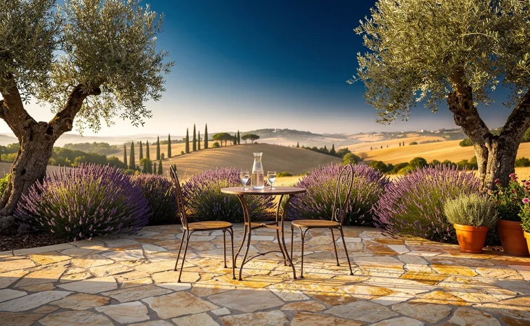 Terrasse provençale pavée de pierres naturelles, baignée de soleil, entourée d’oliviers et de lavandes sous un ciel bleu.