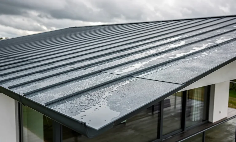 Toit de maison moderne recouvert de feuilles de zinc pré-patiné bleu-gris perlé de gouttes de pluie sous un ciel nuageux.