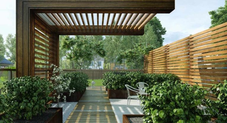 Terrasse extérieure moderne avec pergola en bois et jardinières en acier corten