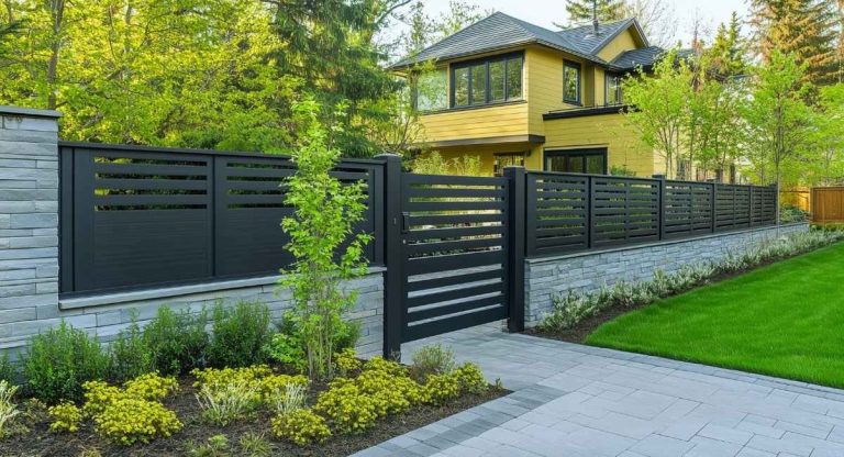 Clôture en acier gris foncé avec portillon dans un jardin moderne