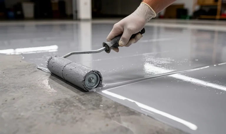 Une main gantée applique de la résine époxy sur un sol de garage moderne à l’aide d’un rouleau, avec une surface lisse reflétant la lumière des LED.