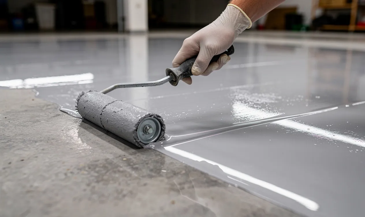 Une main gantée applique de la résine époxy sur un sol de garage moderne à l’aide d’un rouleau, avec une surface lisse reflétant la lumière des LED.