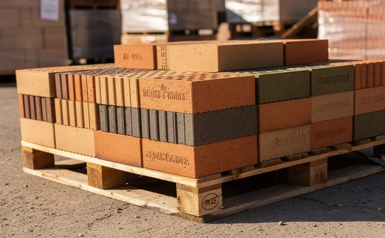 Des briques de cheminée de différents fournisseurs sont soigneusement empilées sur une palette en bois dans une cour de construction ensoleillée.