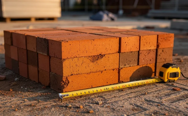 Des briques de cheminée soigneusement empilées sur un mètre carré sont posées sur un chantier, avec un mètre ruban à côté sous une lumière chaude de fin d’après-midi.