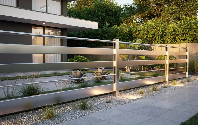 Une clôture en acier brossé entoure une maison moderne avec un jardin minimaliste et des plantes verdoyantes sous une lumière douce.