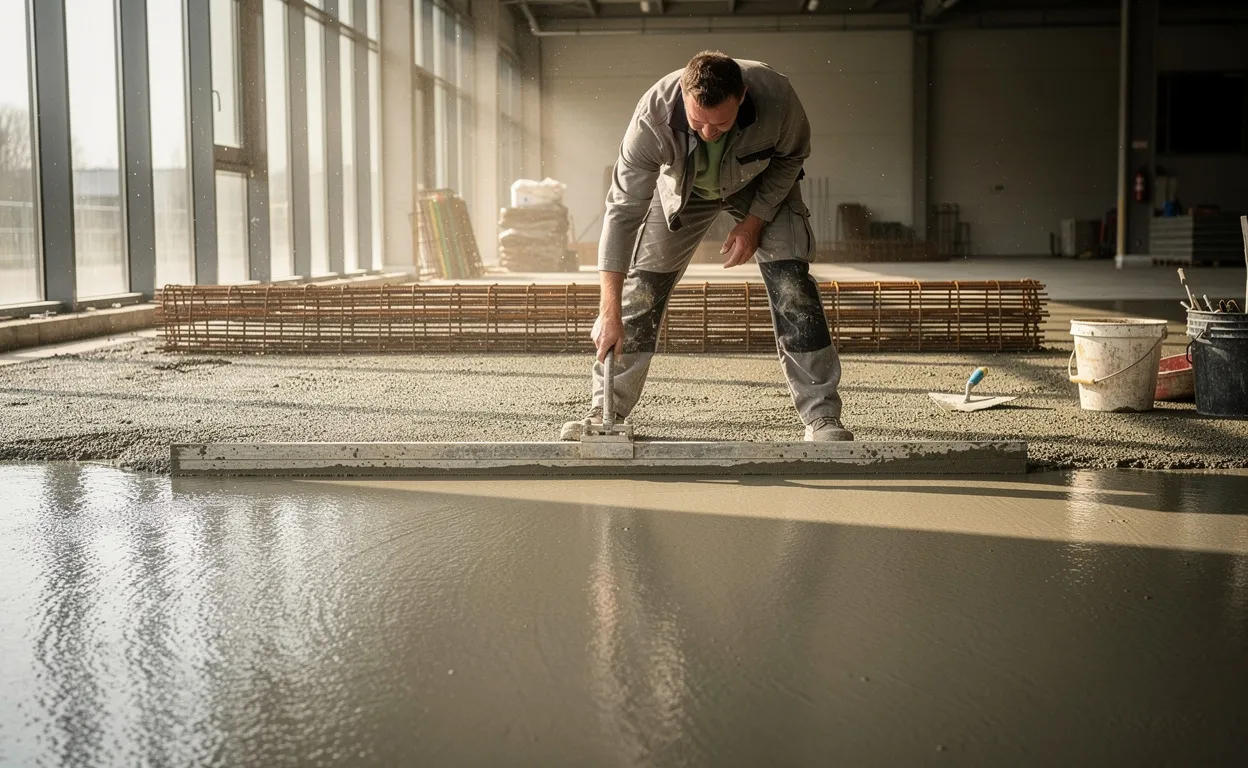 Un artisan verse et égalise du béton frais sur un grand sol, entouré d'outils de construction et éclairé par la lumière du jour.