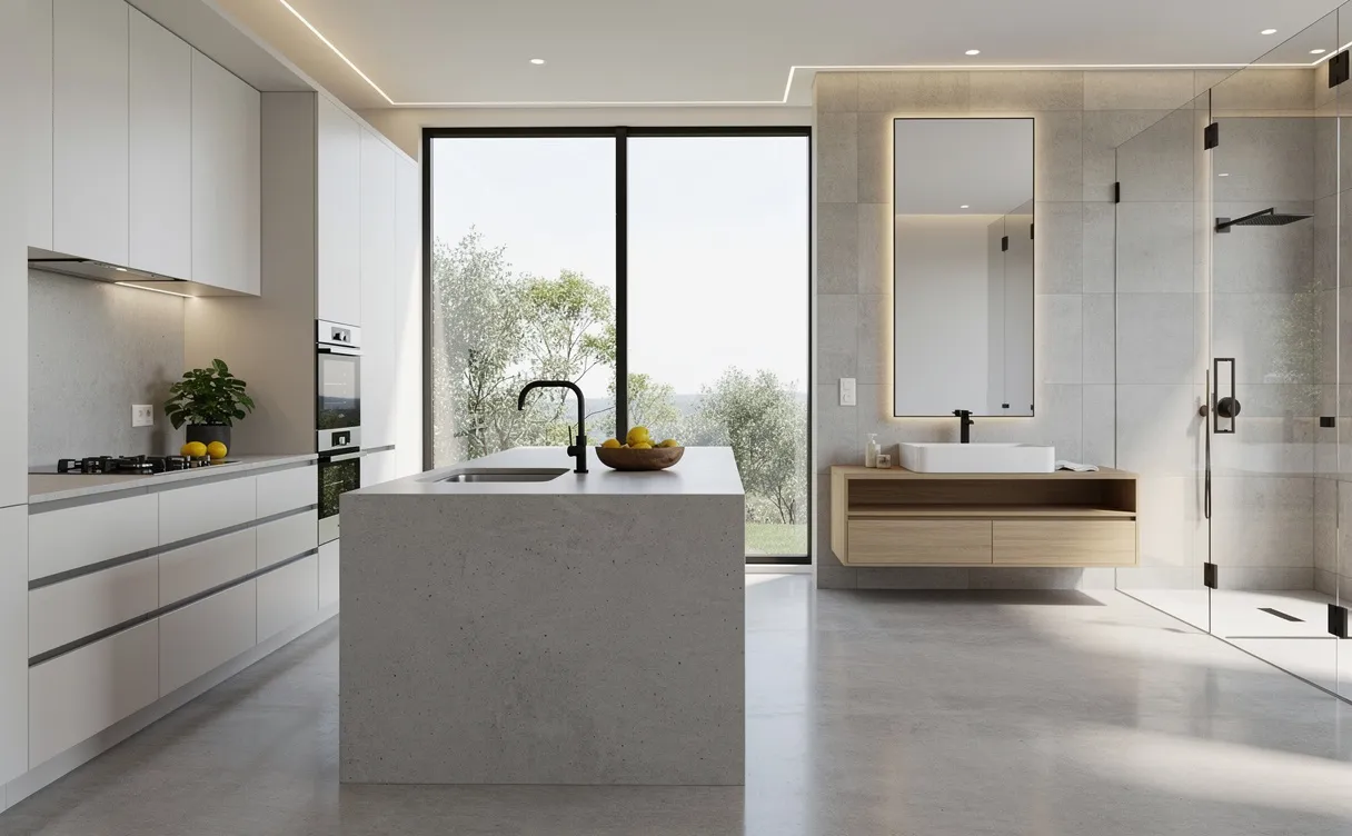 Cuisine et salle de bain modernes avec sols en béton poli, design minimaliste et lumière naturelle entrant par de grandes fenêtres.