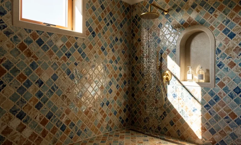 Douche méditerranéenne ornée de mosaïques et de zelliges bleus et terreux, baignée de lumière filtrant par une fenêtre haute.