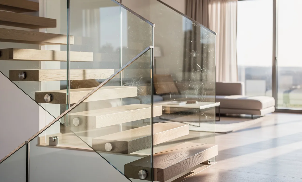 Escalier moderne avec garde-corps en verre reflétant la lumière du jour et surplombant un salon lumineux.