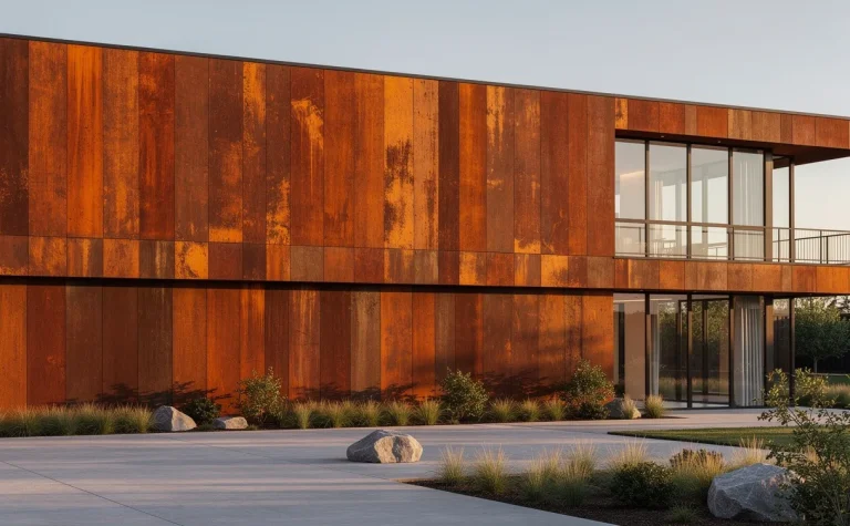 Bâtiment moderne avec une façade en acier corten patiné, éclairé par le soleil et entouré d’un aménagement paysager minimaliste.