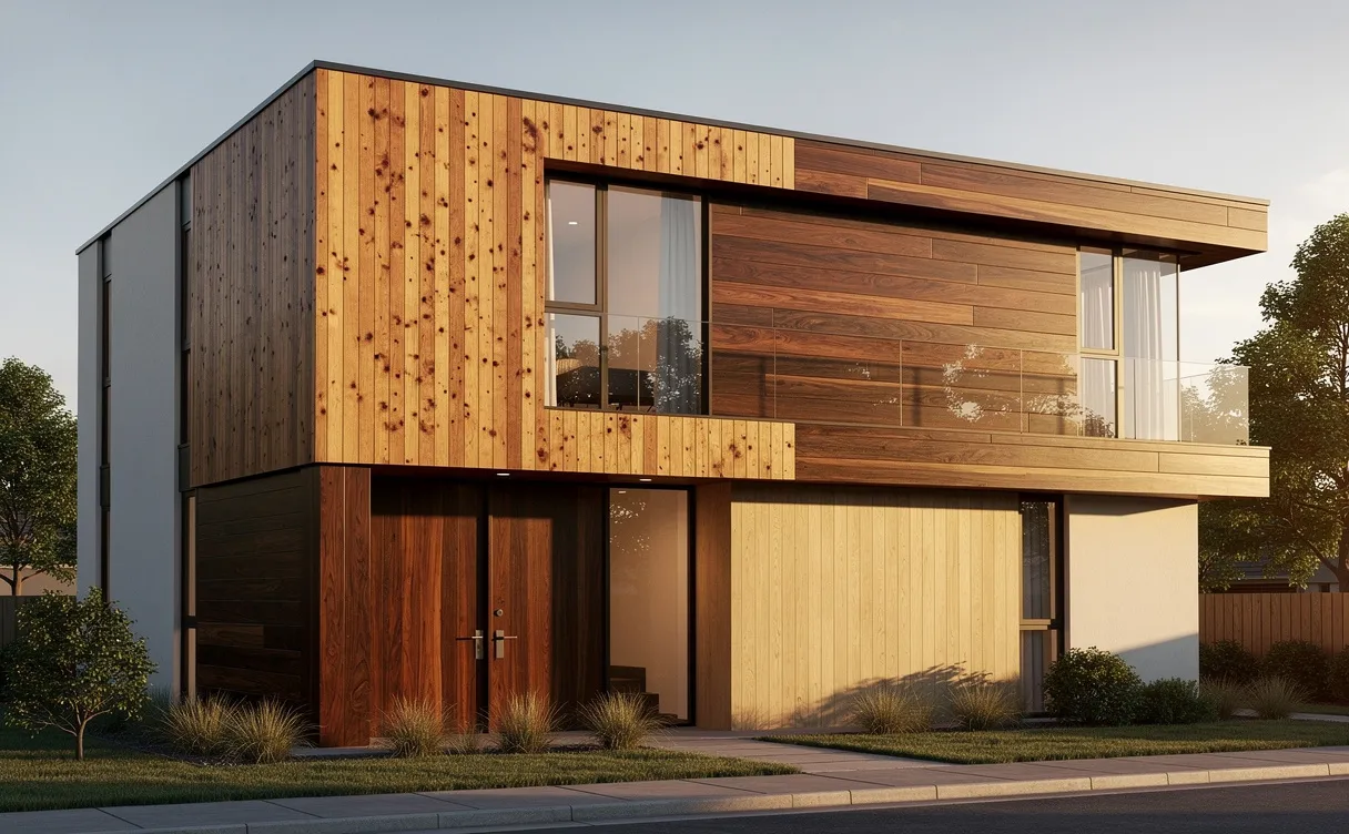 Façade de maison moderne habillée de différentes essences de bois, éclairée par la lumière dorée du soleil mettant en valeur les textures naturelles.