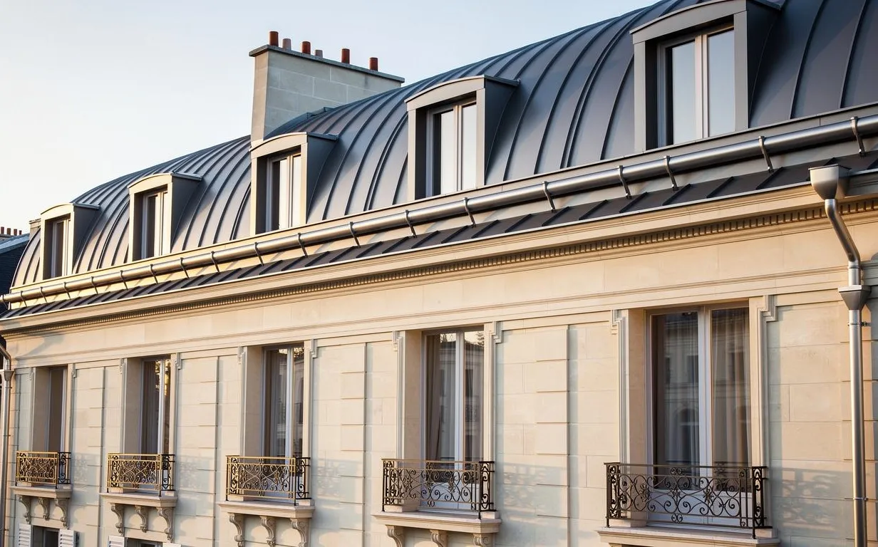 Façade d’immeuble haussmannien à Paris avec toiture en zinc anthracite, gouttière parisienne et reflets métalliques sous une lumière matinale.